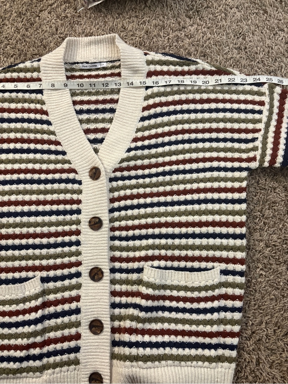 Pink Clover Cream Striped Button-Front Cardigan with Navy, Olive & Rust - Picture 3 of 10